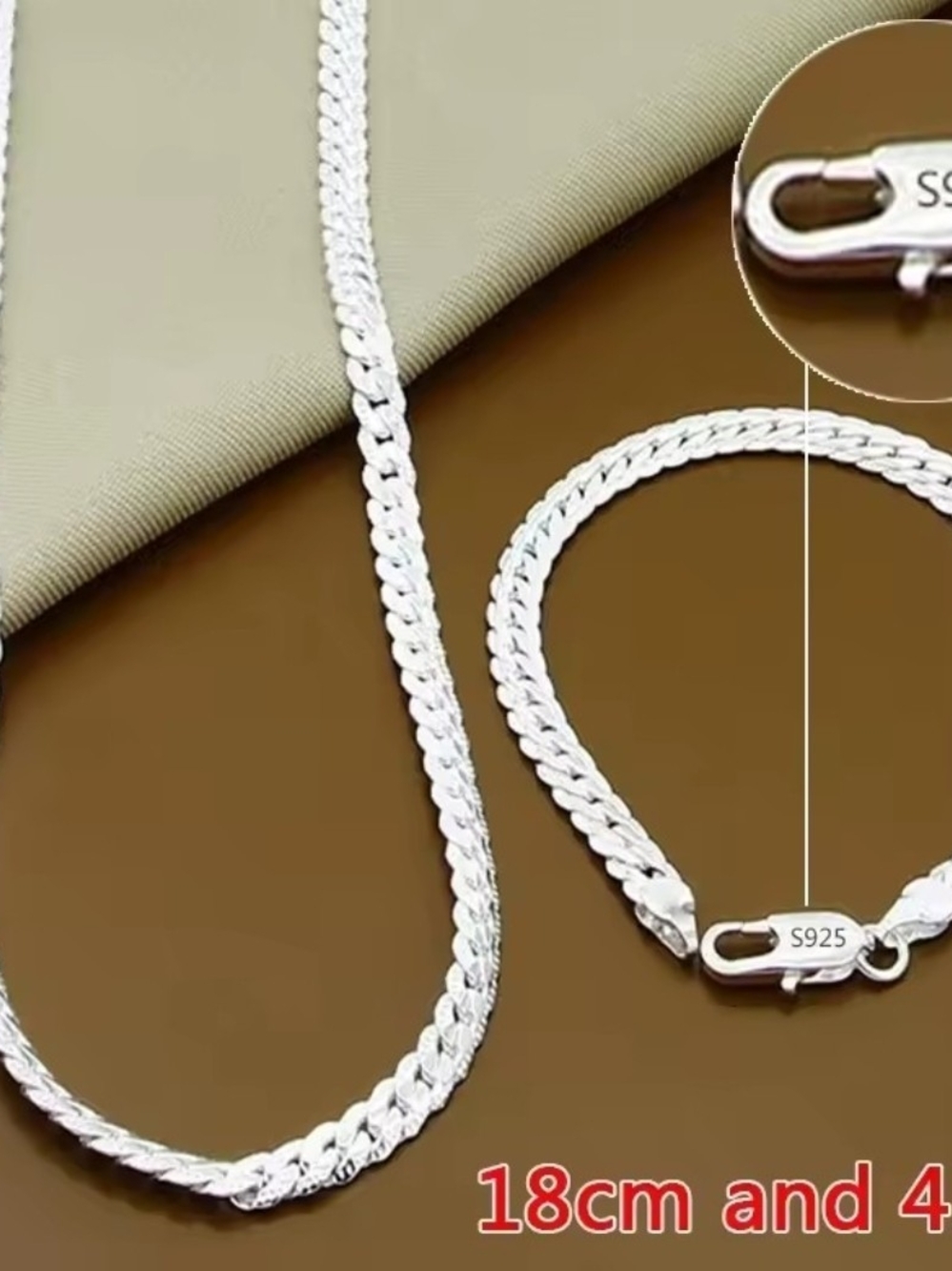 Sterling Silver S925 Women’s Curbed Chain Necklace and Bracelet Set - Silver
